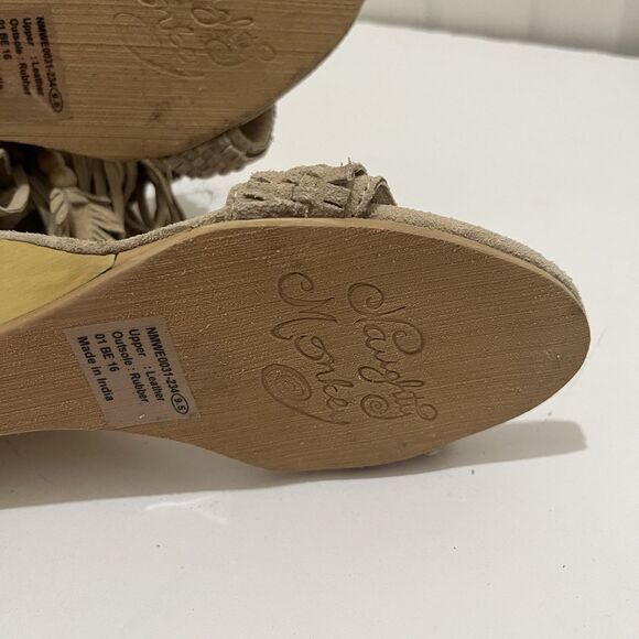 Naughty Monkey Tan Suede Ankle Strap Fringe Open Toe Wedge Shoes Womens 9.5 - Picture 13 of 13